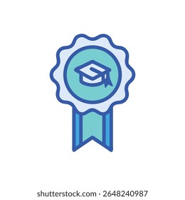 Icono de tapa de graduación simple que se muestra en una insignia de premio decorativa. Estilo gráfico plano con líneas limpias y una paleta de colores limitada.