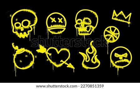 Simple graffiti in very messy style with dripping paint, spray effect and splatter. Dirty graphic box symbols texture, logo street art. Graffiti elements - skull, heart with arrow, bomb, fire, emoji