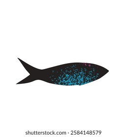 Simple grainy textured fish. Sardine element with noise. Salmon or anchovy silhouettes. Undersea animal. Vector hand drawn cutout collage illustration isolated on white background.