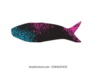 Simple grainy textured fish. Sardine element with noise. Salmon or anchovy silhouettes. Undersea animal. Vector hand drawn cutout collage illustration isolated on white background.