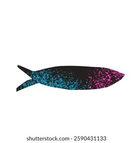 Simple grainy textured fish. Sardine element with noise. Salmon or anchovy silhouettes. Undersea animal. Vector hand drawn cutout collage illustration isolated on white background.