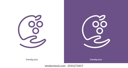 Simple Grape Hand Logo. Grapes Harvest in Farmers Hands. Grape Logo Design Template.