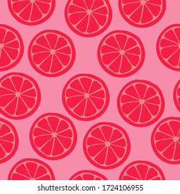 Simple grapefruit pattern. Pink background, ripe grapefruit. The print is well suited for textiles, Wallpaper and packaging.