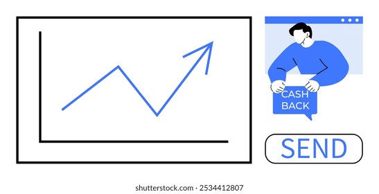 Gráfico simple que muestra el crecimiento financiero, la persona que sostiene el Iniciar sesión de devolución de dinero frente a una ventana del navegador y un Botón de envío. Ideal para negocios, finanzas, marketing, ofertas de reembolso y transacciones en línea