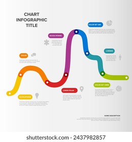 Plantilla de línea de tiempo gráfica simple hecha de segmentos de línea gruesa de color arcoiris. Plantilla de infochart multipropósito que muestra hitos principales o etapas importantes.