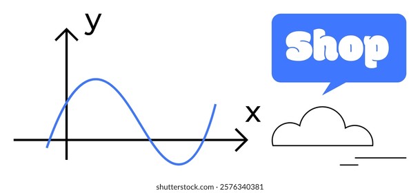 A simple graph with x y axes and a wave line. Next to it is a cloud with a speech bubble containing the word Shop. Ideal for business analysis, online commerce growth, marketplace trends, economic