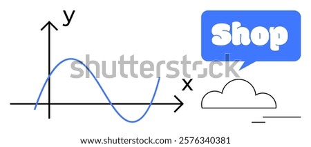 A simple graph with x y axes and a wave line. Next to it is a cloud with a speech bubble containing the word Shop. Ideal for business analysis, online commerce growth, marketplace trends, economic