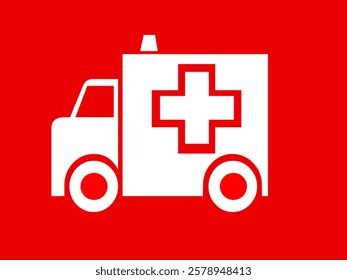 A simple graphic of an ambulance icon in white againt a bright red background. The ambulance has a large cross symbol on its side, representing emergency medical services. 