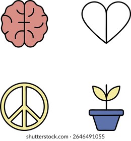 A simple graphic arrangement featuring a pink brain icon in the top left, a yellow peace symbol in the bottom left, and a blue pot with two yellow leaves in the bottom right. 
