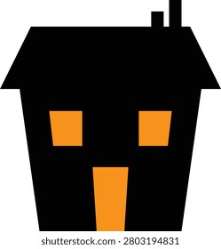 A simple graphic of a black house with a triangular roof and chimney, featuring two small orange squares for eyes and a long orange rectangle for a nose on a white background