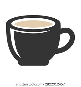 Simple graphic of a black mug filled with light brown coffee or tea. Ideal for cafes, menus, and web design. Clean flat style.