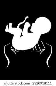 Simple graphic in black and white of hands holding a fetus, childbirth, obstetrician, abortion concept