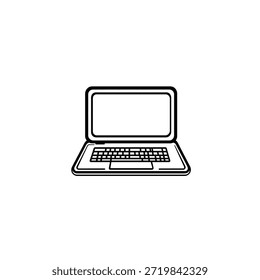 Gráfico simples de um notebook com contorno em preto e branco. O notebook está aberto, revelando seu teclado e tela, renderizados com linhas limpas e nítidas.