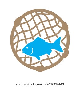 Simple graphic of a blue fish inside a net
