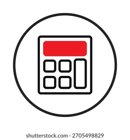A simple graphic of a calculator within a circular border. The calculator is represented as a square with rounded buttons and a red display, symbolizing finances, calculations, and the business