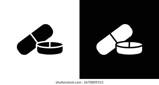 Gráfico simples de uma cápsula vazando de seu recipiente, isolado em fundos brancos e pretos.