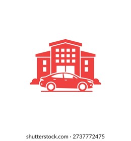 A simple graphic of a car and building
