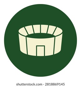 Simple graphic of cream cylindrical structure with door inside green circle, architecture symbol