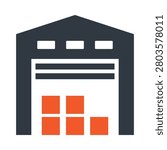 A simple graphic of a dark blue warehouse with a white door and red squares