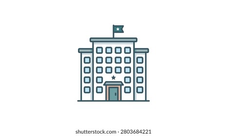Simple graphic depicting a modern school building with multiple stories, numerous windows, and a flag flying overhead.