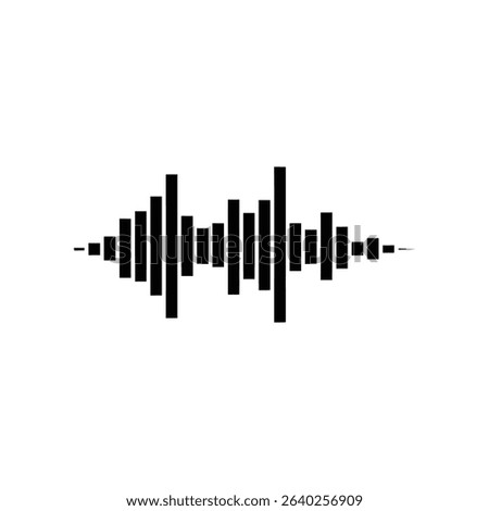 A simple graphic depicting a sound wave, represented by vertical black bars of varying heights against a white background.  The wave pattern suggests audio o...