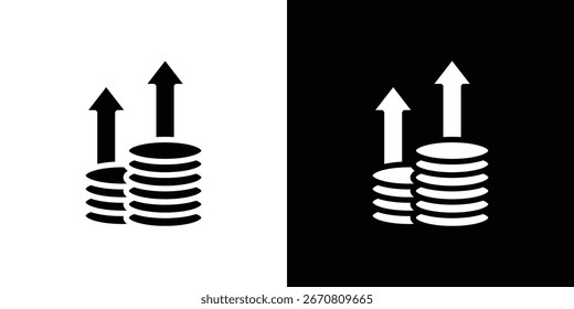 Einfache Grafik mit zwei Münzstapeln mit nach oben weisenden Pfeilen, die Wachstum oder Gewinn symbolisieren. Einzeln auf weißem und schwarzem Hintergrund.