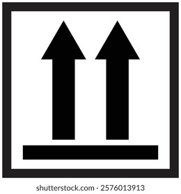 Simple graphic depicting two upward-pointing arrows within a box, indicating 'Keep Upright' for packaging.