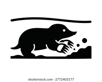 Simple, graphic depiction of a mole with a distinctive star-shaped nose, actively digging and displacing soil.