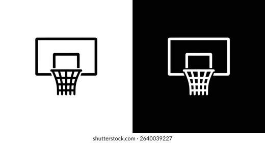 Simple graphic depicts a basketball hoop icon in black on white and white on black. Minimalist design highlighting the backboard, rim, and net. Isolated for versatile use.