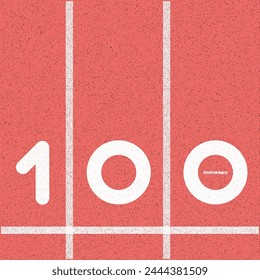 Simple Graphic design 100th  Flat 2D Vector representation of a running track. of a running track with the number “100” painted on it in bold white text. The track appears to be red with white lane