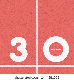 Simple Graphic design 30, 30th  Flat 2D Vector representation of a running track. of a running track with the number “30” painted on it in bold white text. The track appears to be red with white lane