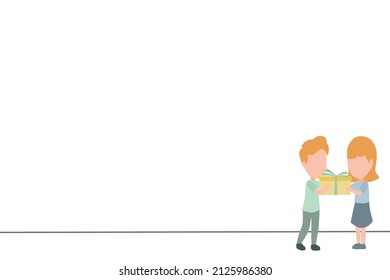simple graphic design about boys give gifts to girls concept, children's friendship, special surprise, one line vector illustration for presentation.