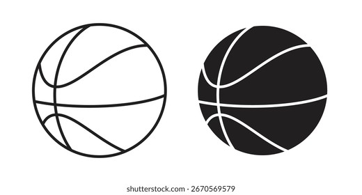 Simple graphic design of a basketball in two styles: outline and filled. Isolated on white.