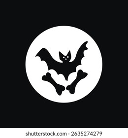 A simple, graphic design of a bat silhouette in flight against a bright white full moon.
