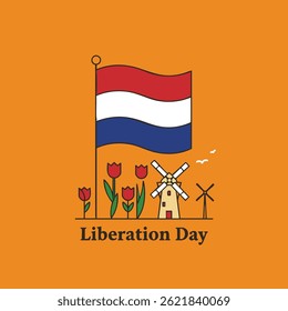 Simple graphic design of Dutch Liberation Day, featuring a Dutch flag, tulips, a windmill, and birds.