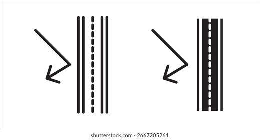 Diseño gráfico simple con flechas apuntando a la izquierda y líneas paralelas con líneas discontinuas. Aislado en blanco.