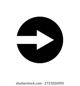 Simple graphic design featuring a bold white arrow pointing right, partially enclosed within a solid black circle, symbolizing next, play, or forward progression in user interfaces.