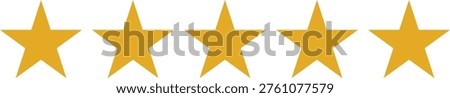 A simple graphic design featuring five gold stars in a row on a plain white background