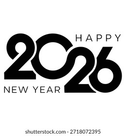 Ein einfaches Grafikdesign mit großen schwarzen Zahlen '2026' mit 'HAPPY NEW YEAR' in kleinerem Text geschrieben, einzeln auf weißem Hintergrund