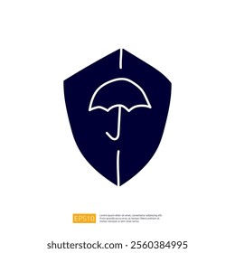 A simple graphic design featuring a shield with an umbrella icon, symbolizing protection and safety.