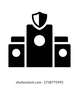 A simple graphic design featuring a shield above a large rectangle flanked by two smaller rectangles