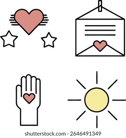 A simple graphic design featuring three small pink hearts and one larger pink heart scattered across a clean white background. A single yellow circle is positioned in the lower right corner.  