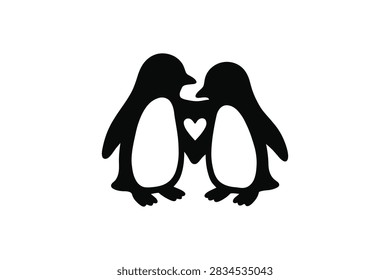 A simple graphic design featuring two stylized penguin silhouettes facing each other with a negative space heart symbol in the center