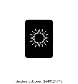Um design gráfico simples com um ícone de sol branco centralizado dentro de um quadrado preto sobre um fundo branco. O estilo é minimalista e geométrico.