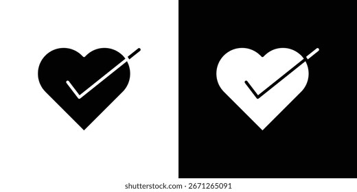 Diseño gráfico simple de una forma de corazón con una marca de verificación en el interior, que se muestra tanto en fondos blancos como negros.