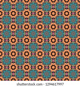 Simple graphic design. Modern stylish texture with brown, blue and orange tiles. Trendy hipster geometry. Vector seamless pattern. Repeating geometric tile pattern.