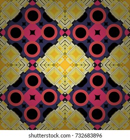 Simple graphic design. Modern stylish texture with pink, yellow and black tiles. Repeating geometric tile pattern. Trendy hipster geometry. Vector seamless pattern.