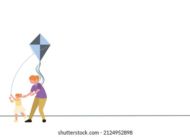 simple graphic design of mother accompanying daughter to play kite, happy family, bottom left object for presentation, one line art vector illustration