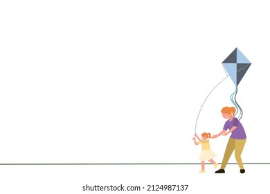 simple graphic design of mother accompanying daughter to play kite, happy family, bottom right object for presentation, one line art vector illustration