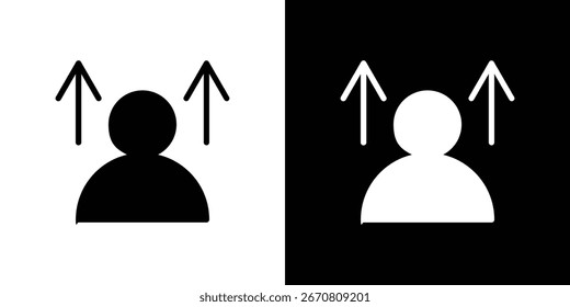 Diseño gráfico simple de un ícono de persona con dos flechas hacia arriba, presentado en ambos fondos blancos y negros.